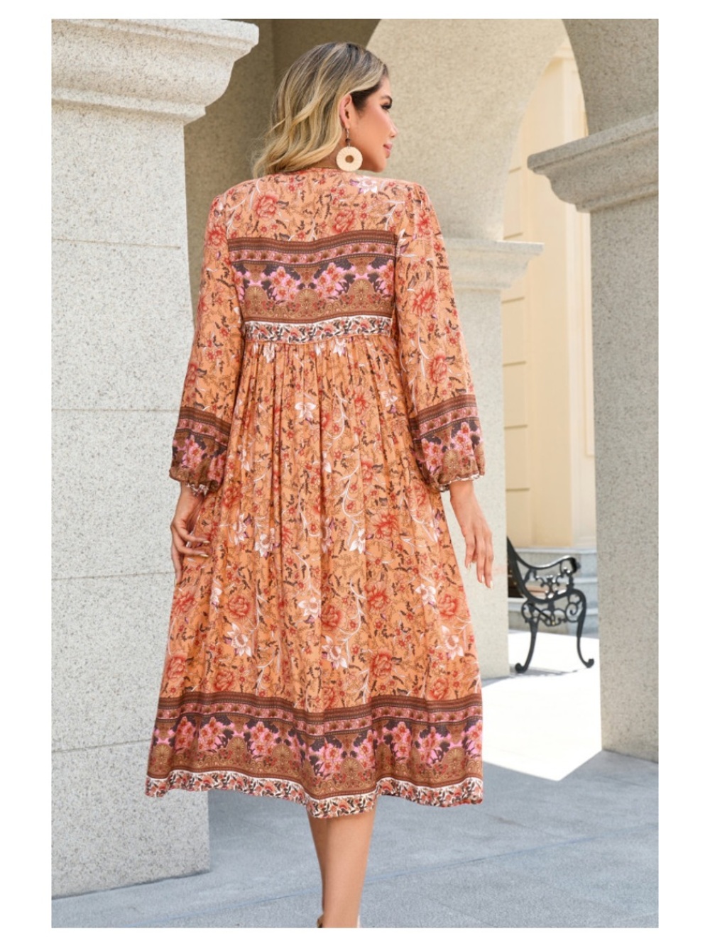 R. Vivimos Peach Long Sleeve Floral Print Retro V Neck Tassel Bohemian Dress - Picture 2 of 10